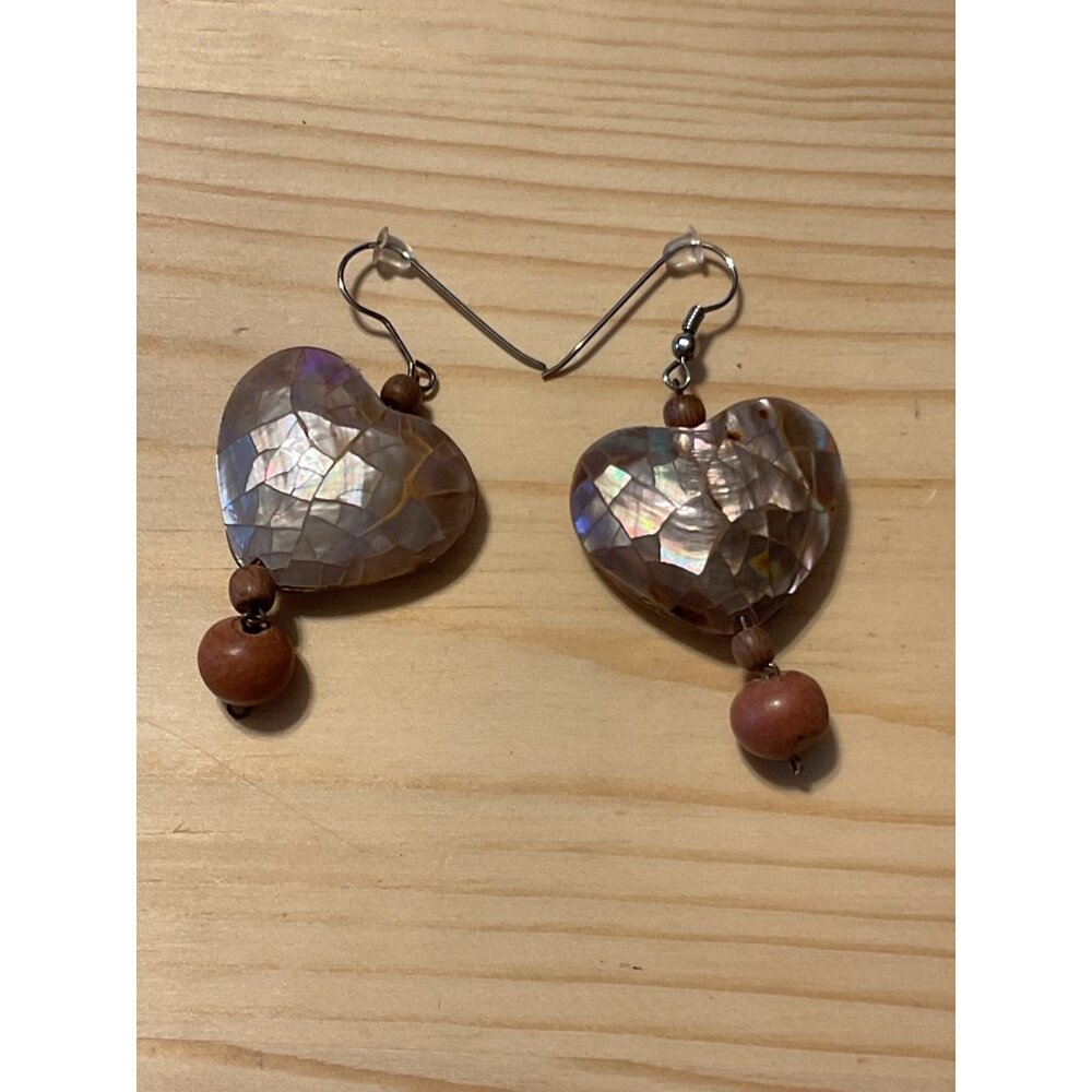 Handmade Heart Shaped Shell & Wood Bead Dangle Earrings